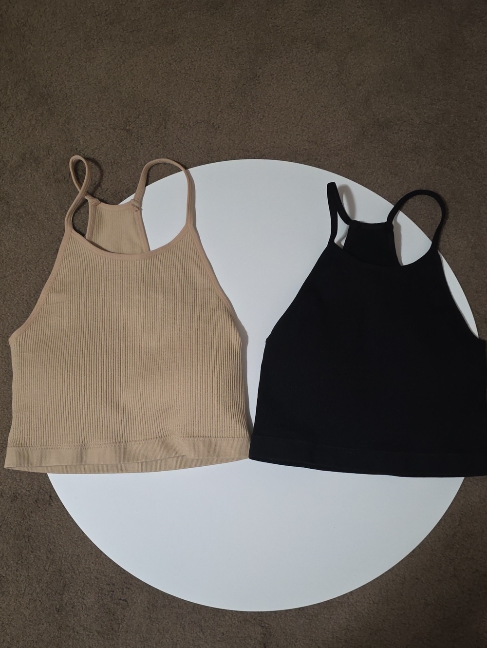 High-Neck Ribbed Tank Top - Black & Beige